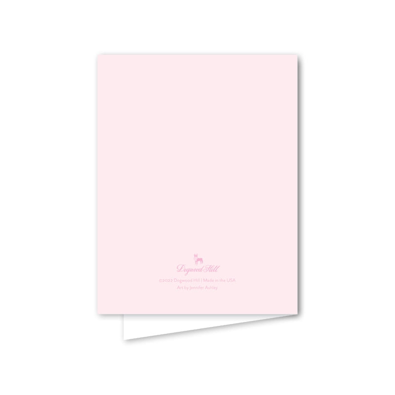 Light pink greeting card with a small logo and text on a white background