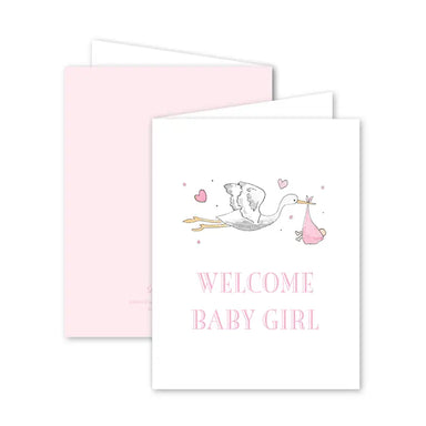 Greeting card with stork carrying a baby girl and 'Welcome Baby Girl' text on a white background.