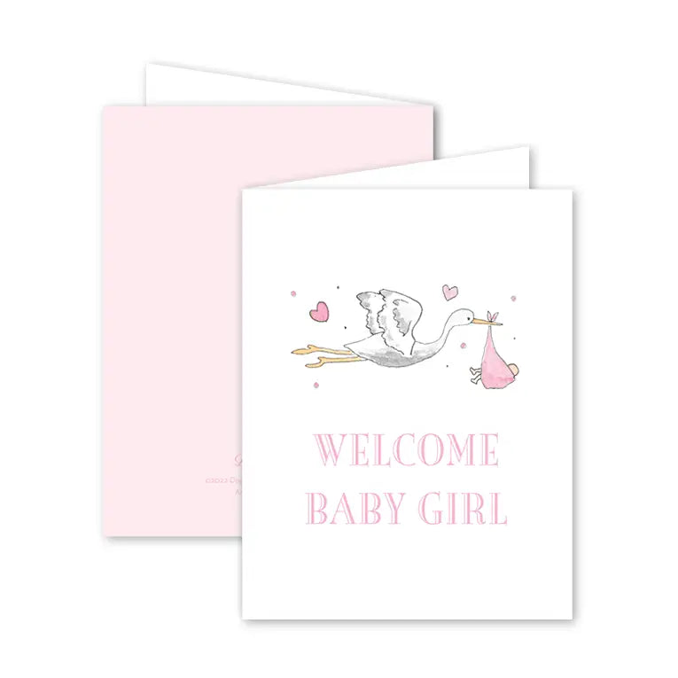 Greeting card with stork carrying a baby girl and 'Welcome Baby Girl' text on a white background.