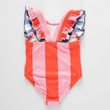 One-piece swimsuit with pink and orange stripes on a white background