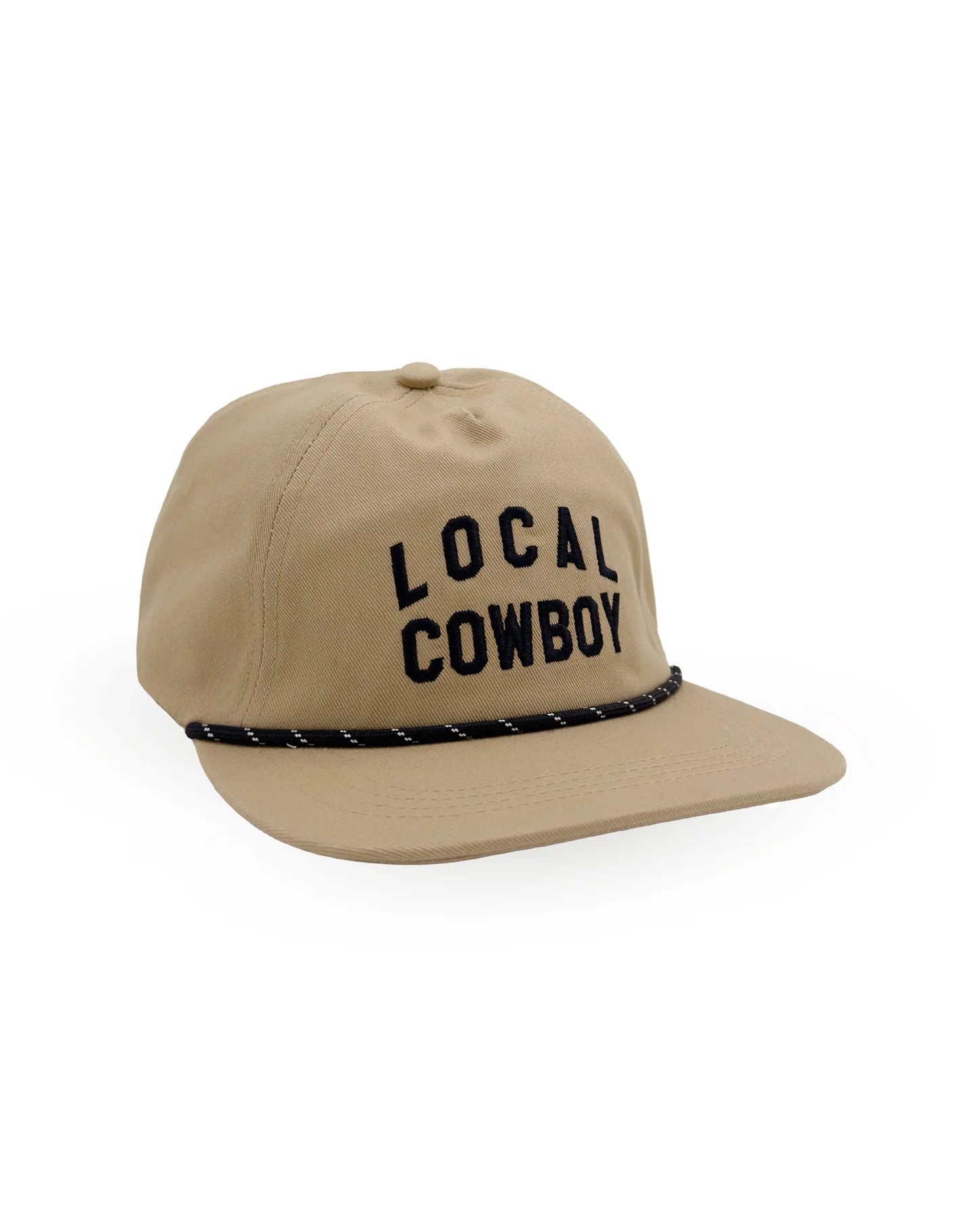 A khaki colored snapback hat featuring brim rope and embroidered "Local Cowboy" graphic on the front panel.