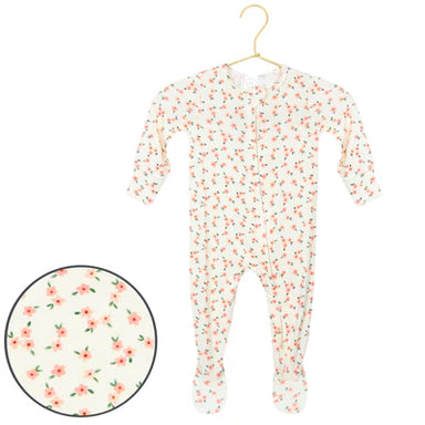 Floral-patterned baby onesie on a hanger with a close-up of the pattern.