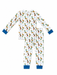 A two-piece children's pajama set featuring a white long-sleeve top and matching pants with a colorful cowboy boots and horseshoe pattern, finished with solid blue cuffs and ankles.