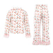 A two-piece girls' pajama set featuring a long-sleeve top and matching pants. The set has an all-over cherry print on a white background, with light pink heart patterns and pink ruffled trim on the cuffs and hems.