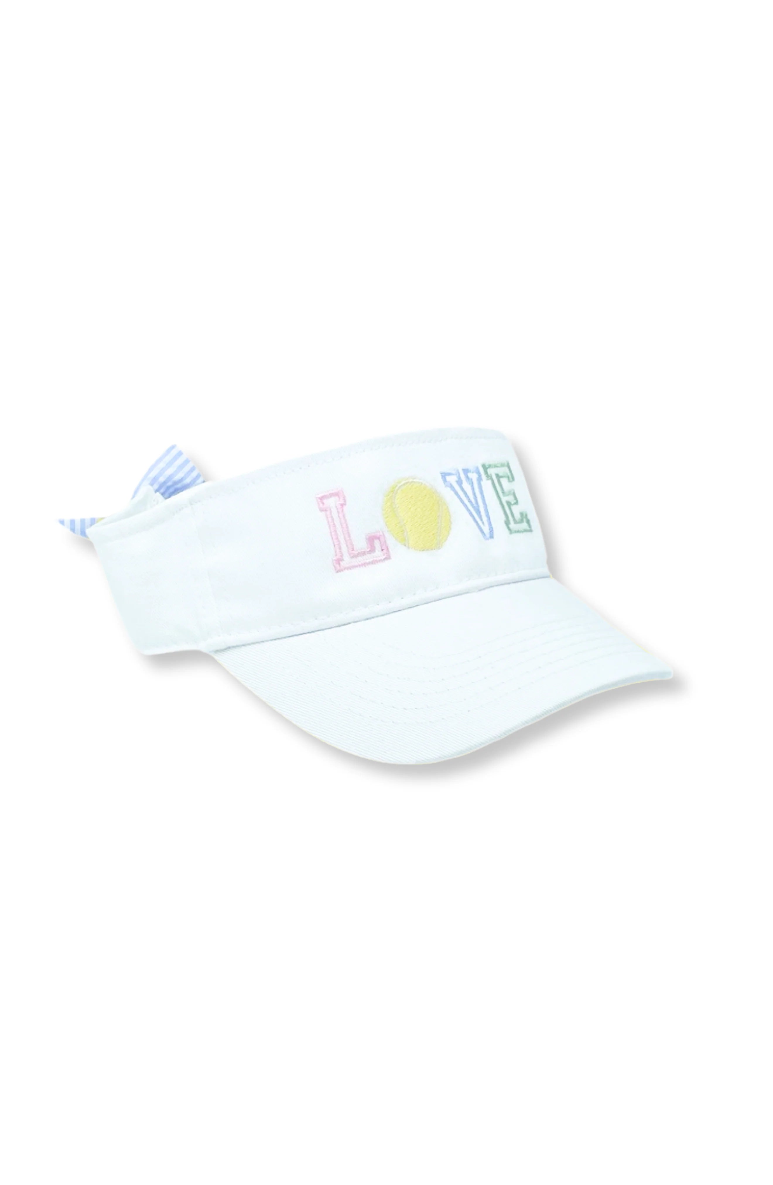 White visor with colorful 'LOVE' text on a white background