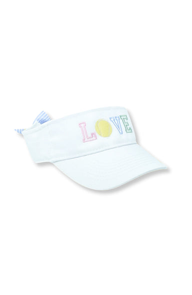 White visor with colorful 'LOVE' text on a white background