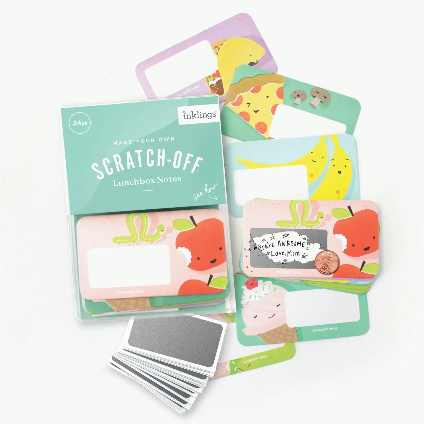 Scratch-off lunchbox notes with colorful designs on a white background