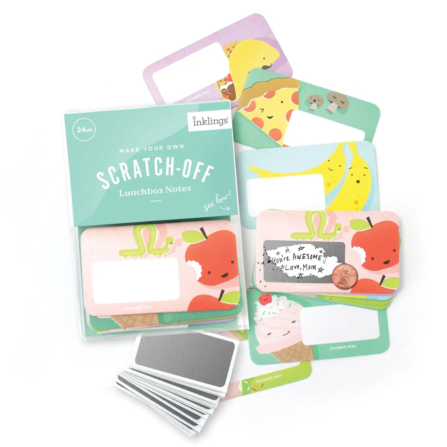 Pack of scratch-off lunchbox notes with colorful designs on a white background
