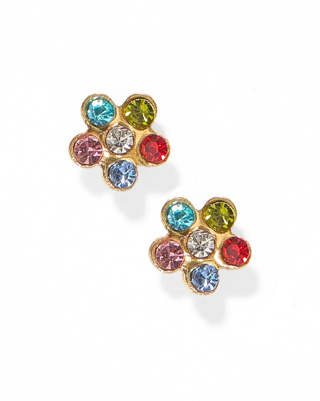 Multicolored gemstone earrings on a white background