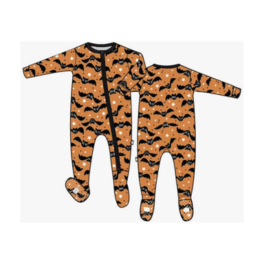 front and back view of orange zippered footie with black glow in the dark print