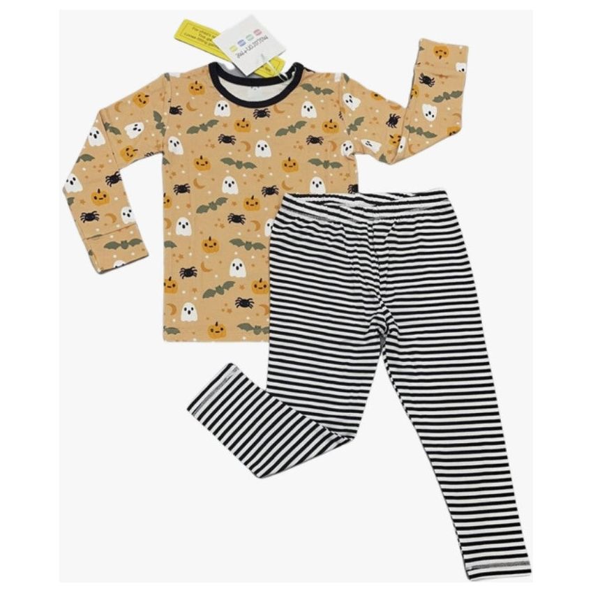 two piece loungewear set with orange top with halloween friends print with ghosts, pumpkins, bats and spiders with black and white striped bottoms