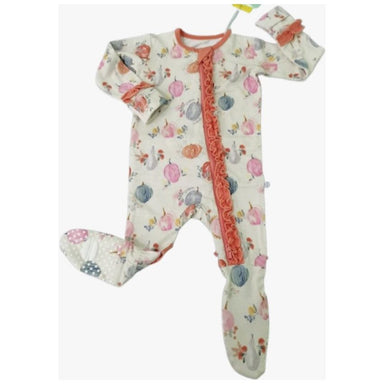 cream colored ruffle zipper footie with pink, orange and blue pumpkins print and orange on the ruffle and collar