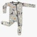 gray zipper footie with puppy dogs and dog bone print. 
