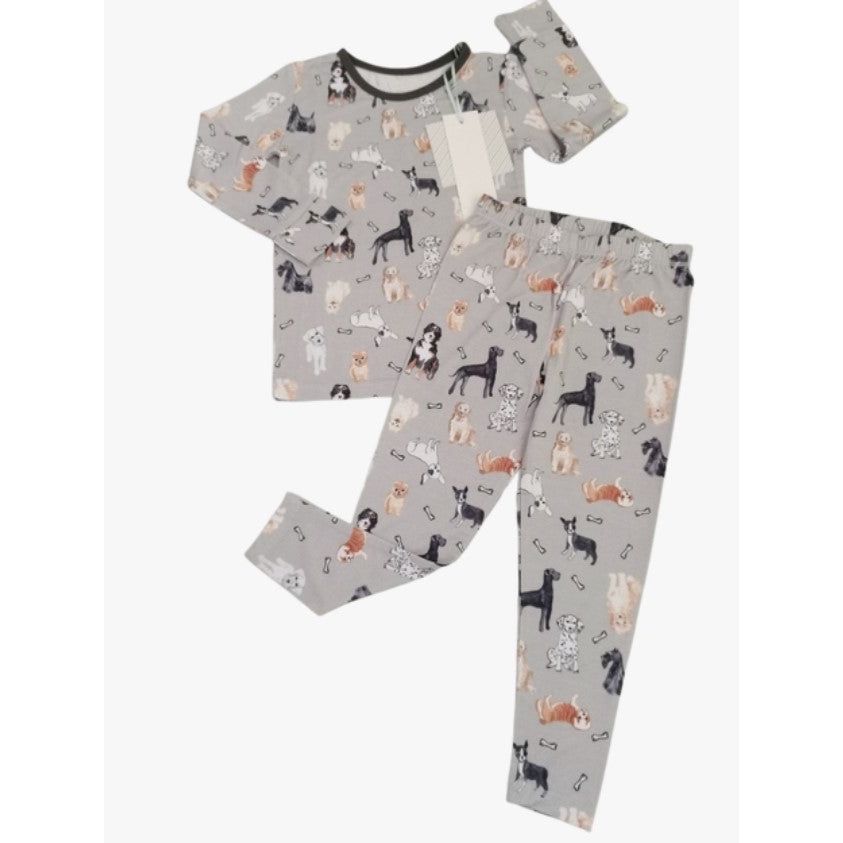 two piece longsleeve gray pajama set with puppy dogs and dog bone print