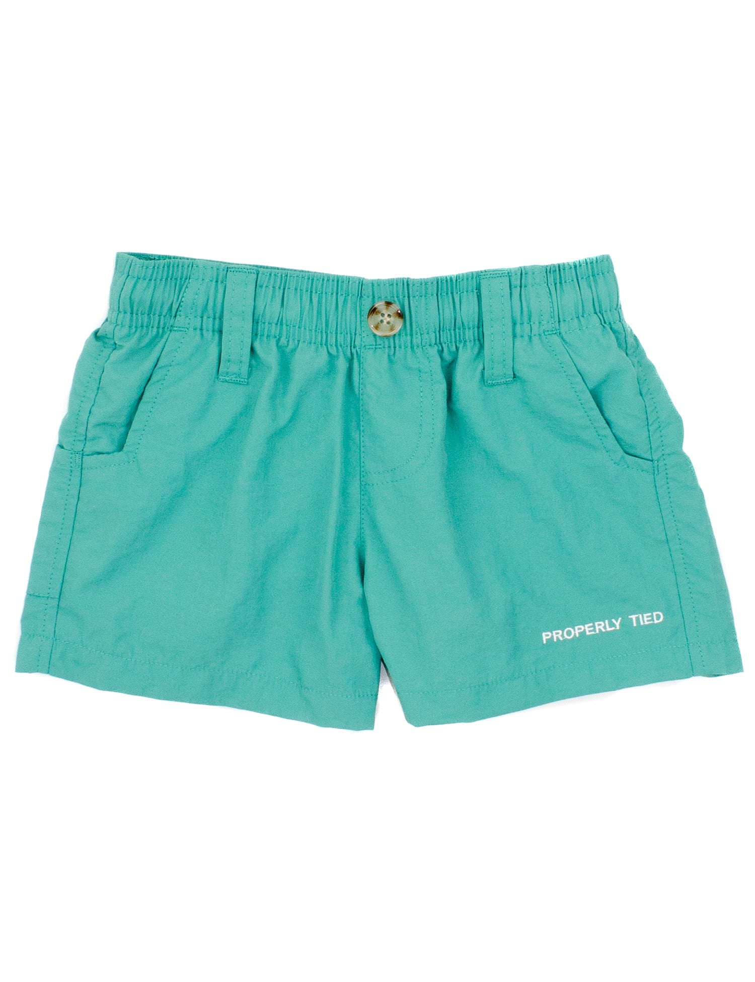 Turquoise shorts with 'Properly Tied' branding on a white background