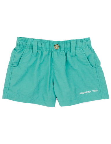 Turquoise shorts with 'Properly Tied' branding on a white background