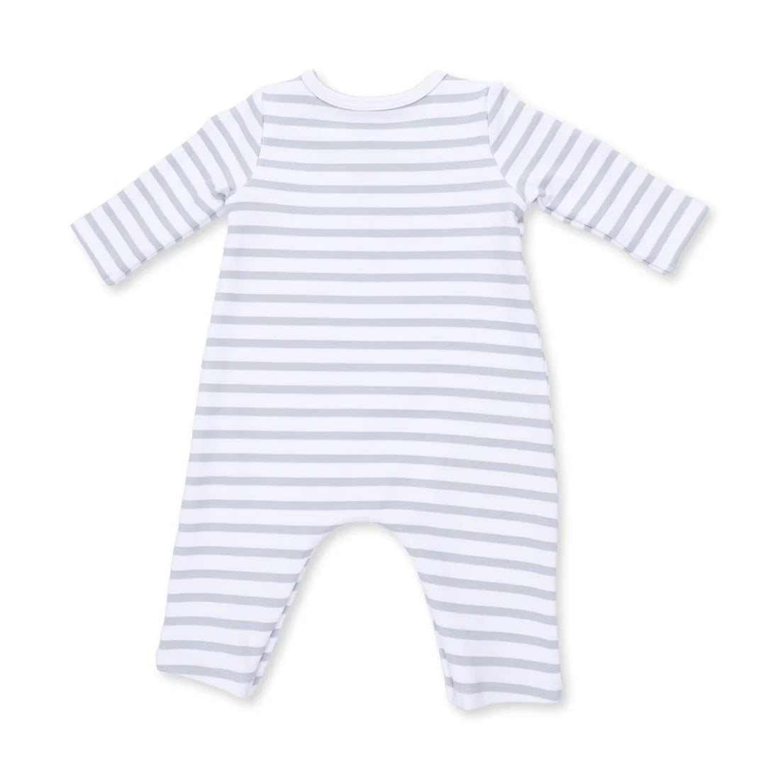 A baby long-sleeve footless romper with horizontal light gray and white stripes, shown flat against a white background.