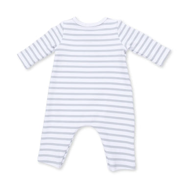 A baby long-sleeve footless romper with horizontal light gray and white stripes, shown flat against a white background.