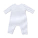 A baby long-sleeve footless romper with horizontal light gray and white stripes, shown flat against a white background.
