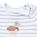 Striped baby onesie with a duck applique and 'Angel Dear' branding.