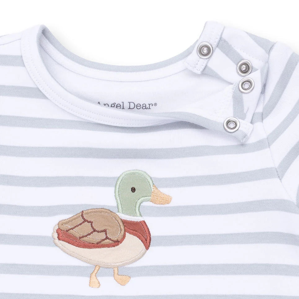 Striped baby onesie with a duck applique and 'Angel Dear' branding.