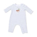 A baby long-sleeve footless romper with light blue and white horizontal stripes, featuring a small embroidered duck design on the chest.