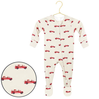 Baby onesie with red fire truck pattern on a hanger against a white background