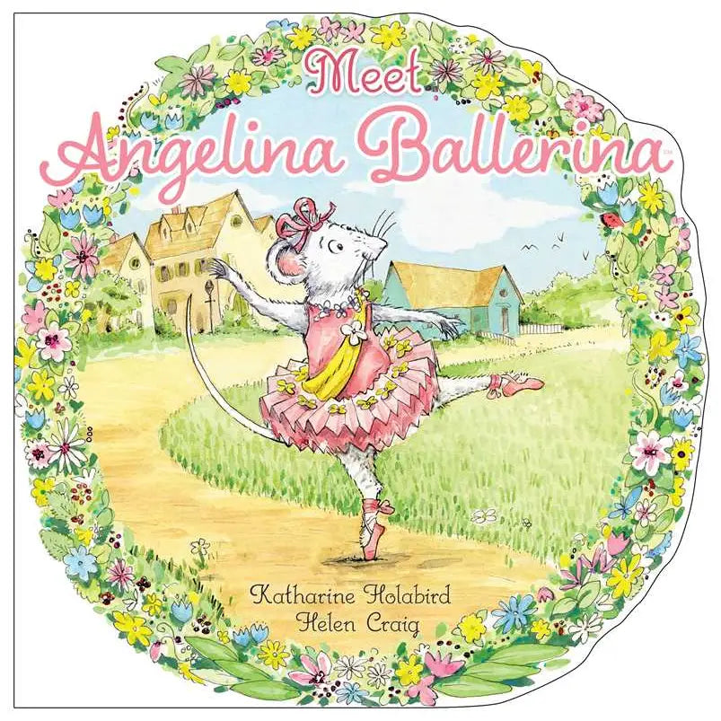 Book cover of 'Meet Angelina Ballerina' with a cat in a pink dress dancing in a garden.