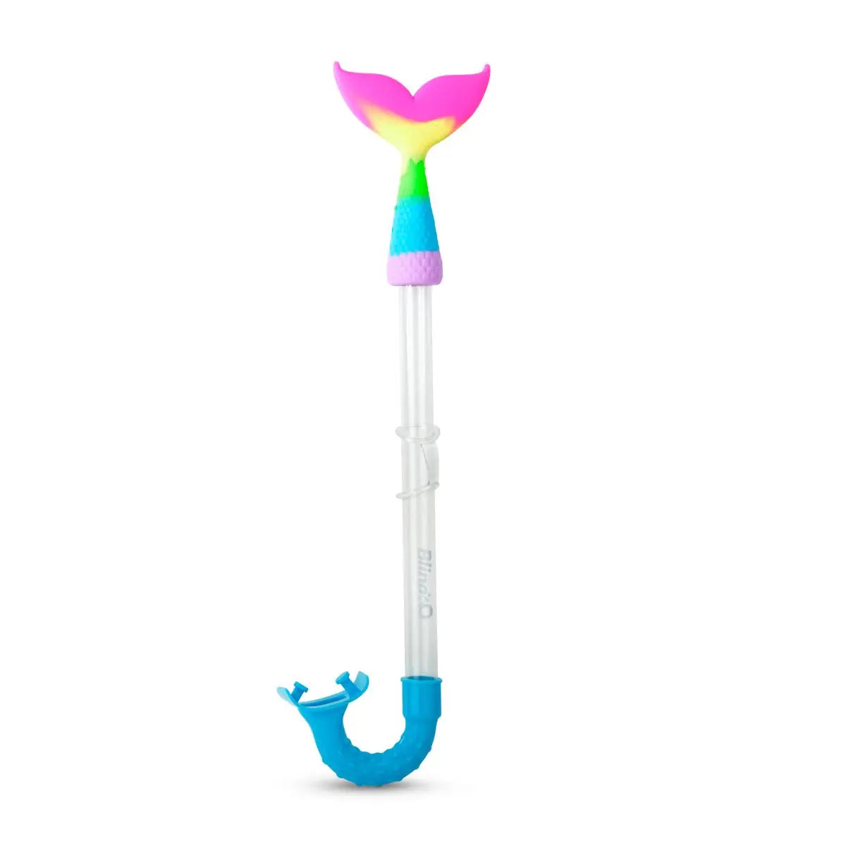 Colorful snorkel with mermaid tail design on a white background