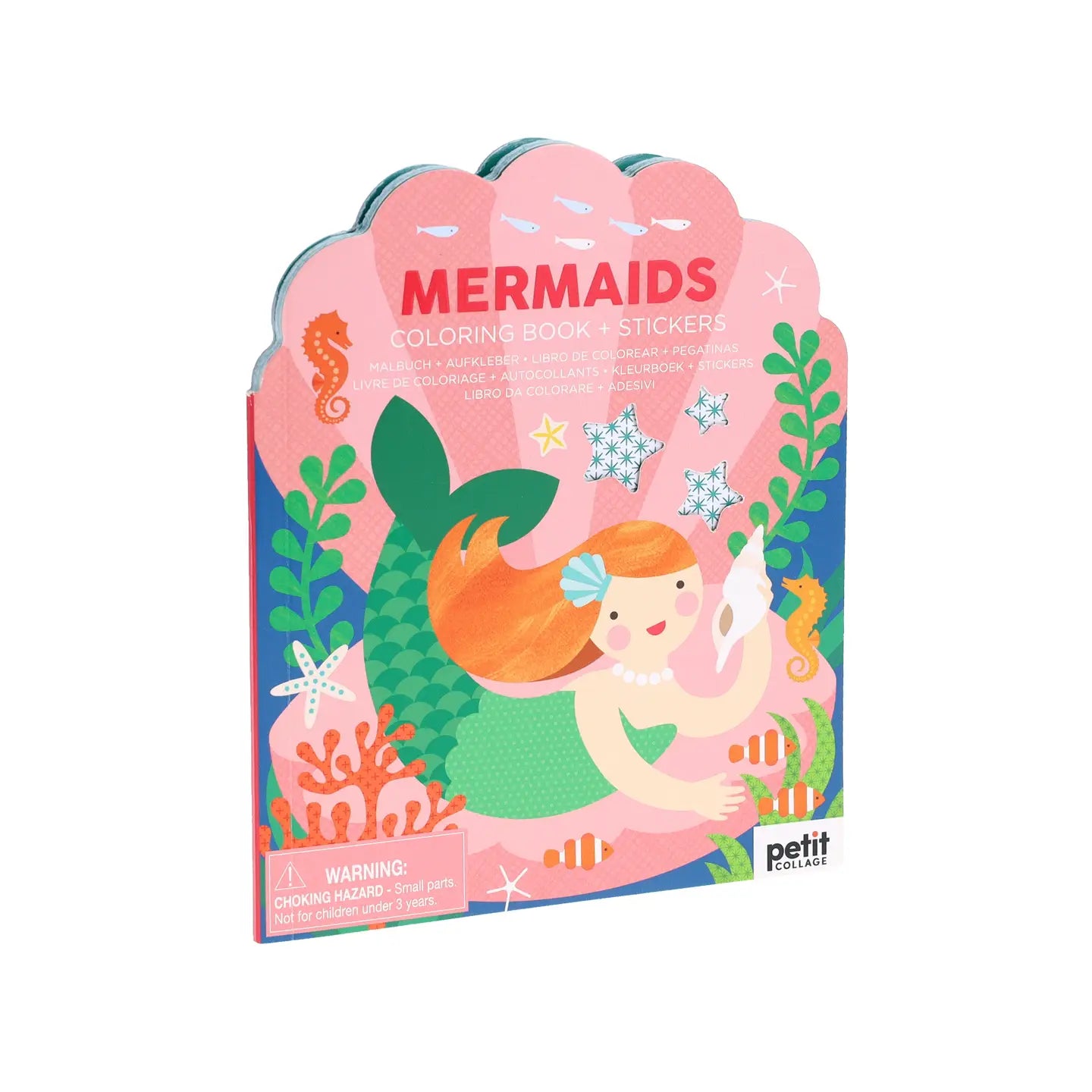 Packaging of a mermaid-themed coloring book and stickers set with a pink cover.