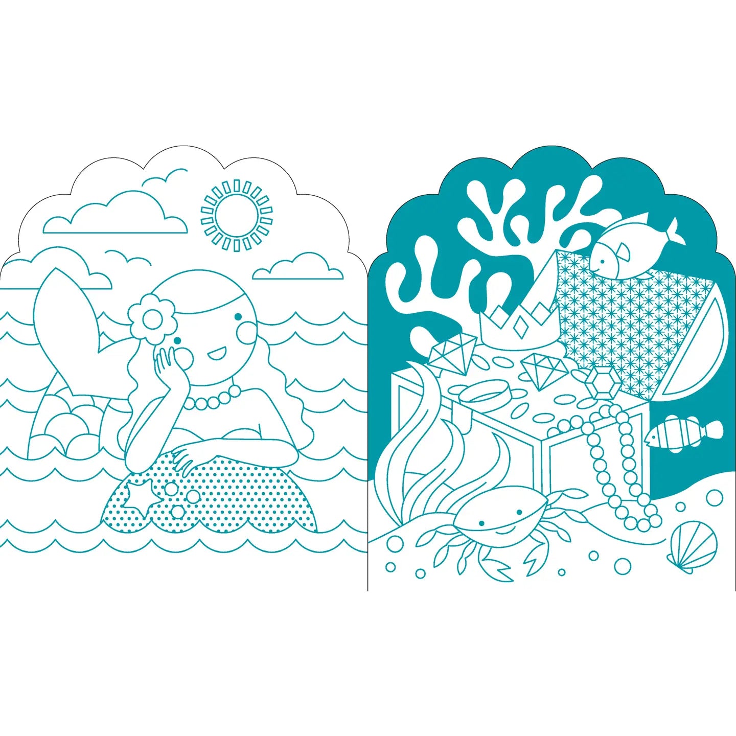 Illustration of a mermaid on land and underwater with coral and fish.
