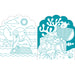 Illustration of a mermaid on land and underwater with coral and fish.