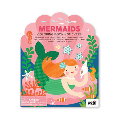 Mermaids coloring book and stickers set with a mermaid illustration on a pink background