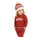 A young child wearing a festive red and cream knit holiday matching set, including a beanie with a pom-pom and 'MERRY' text, a sweatshirt with 'MERRY' text on the chest, and matching sweatpants, photographed against a solid white background.