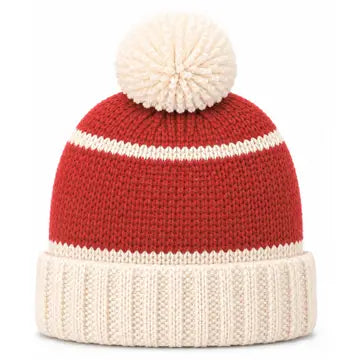 A red and cream knit beanie hat with a cream pom-pom on top, shown against a plain white background.