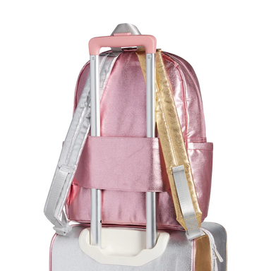 Back view of a Metallic Pink and Silver Kane Backpack