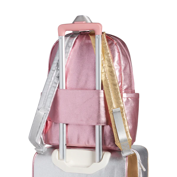 Back view of a Metallic Pink and Silver Kane Backpack