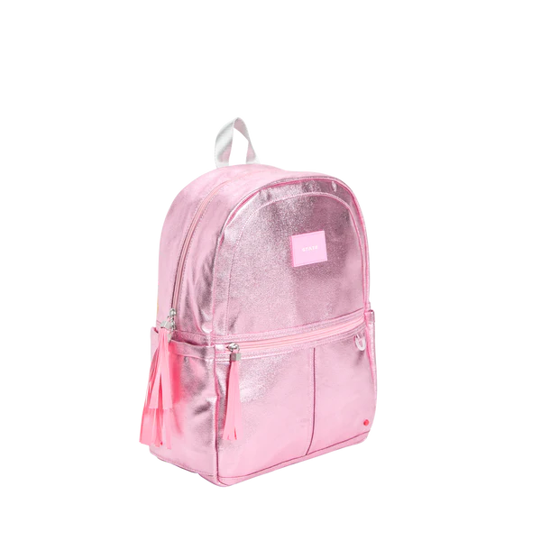 Side view of a Metallic Pink and Silver Kane Backpack