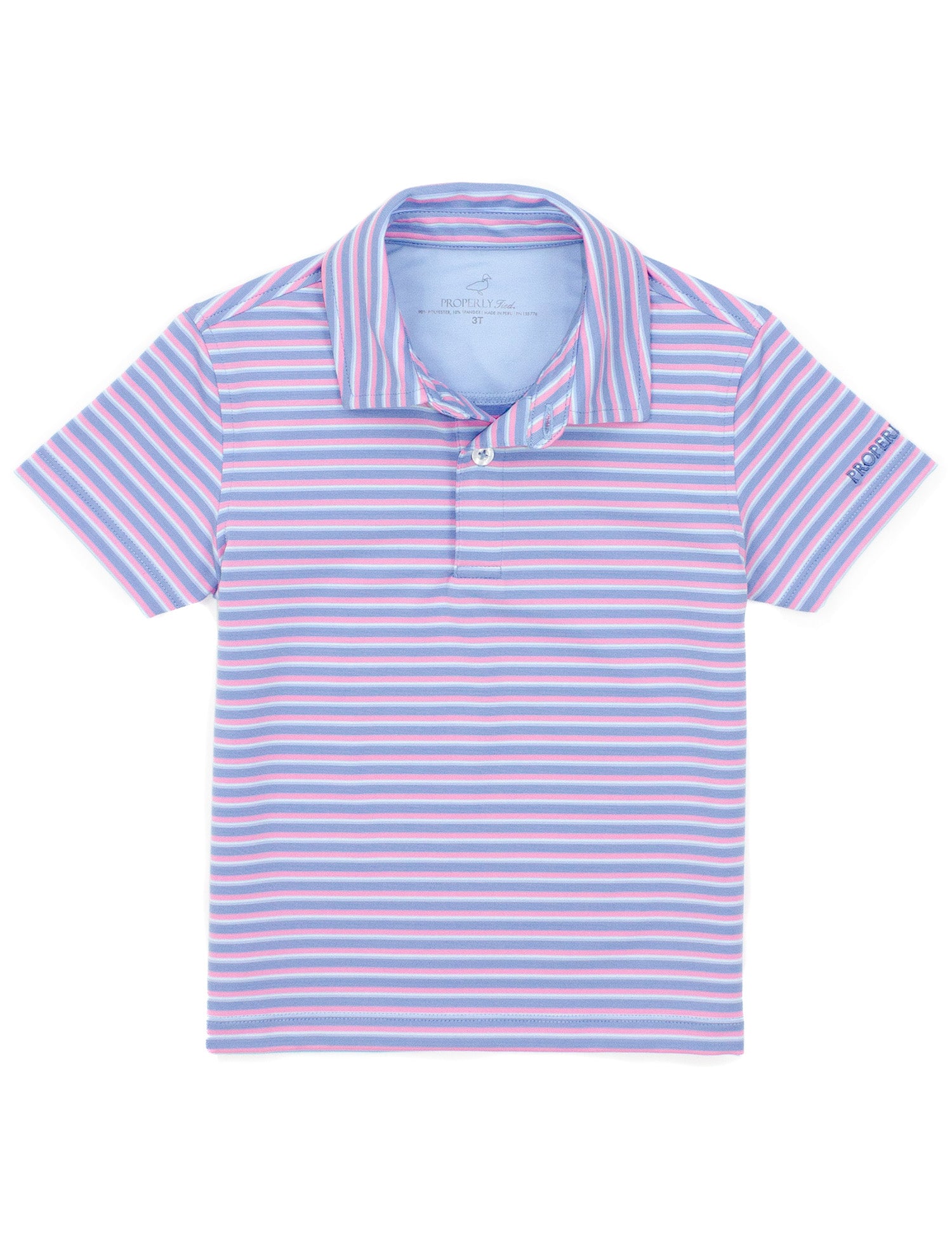 Pink and purple striped polo shirt on a white background