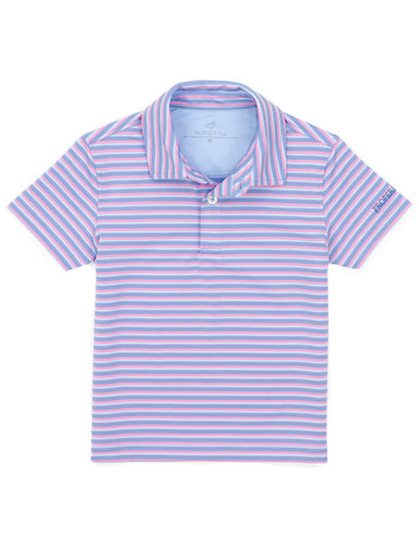 Pink and purple striped polo shirt on a white background