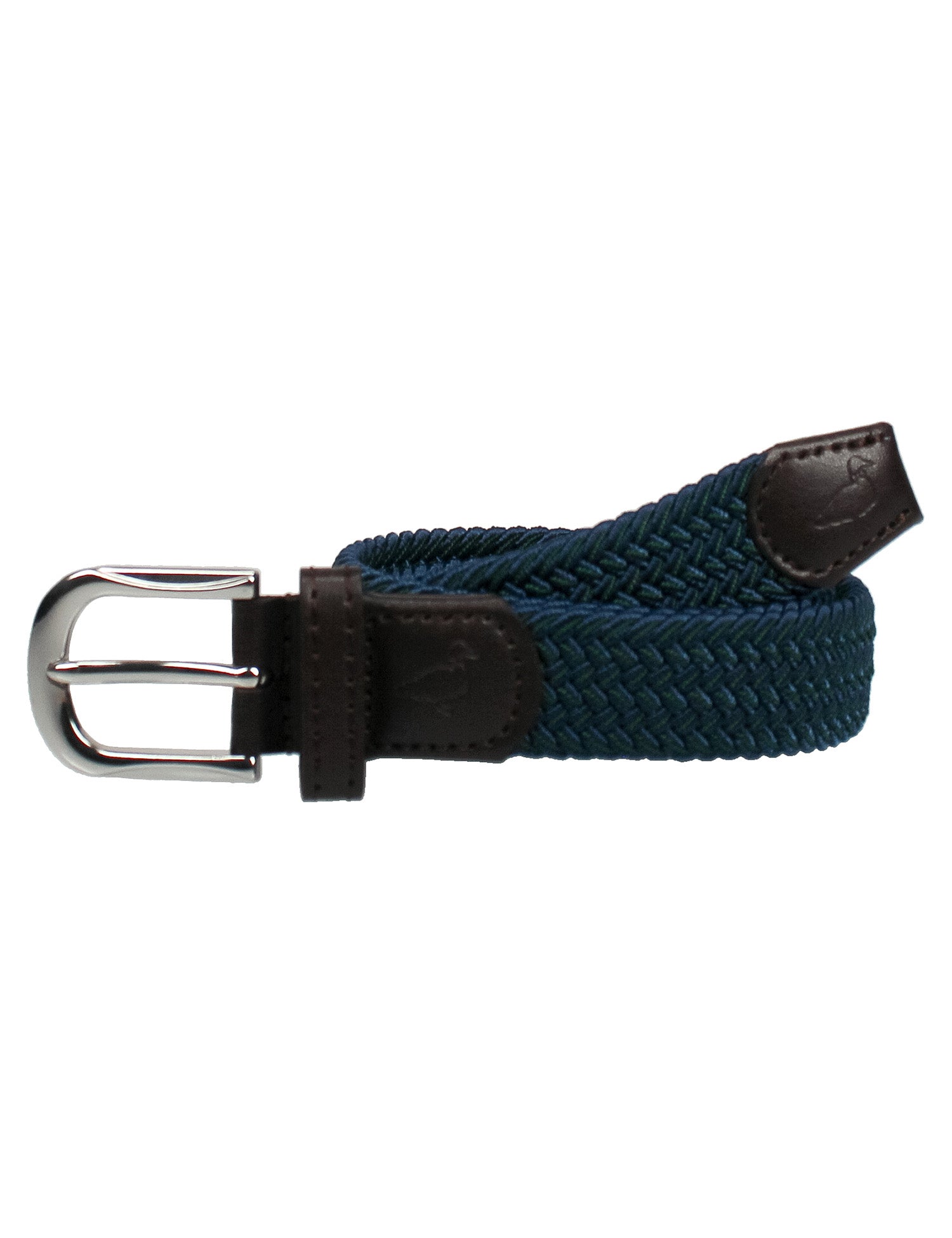 Navy blue braided belt with a silver buckle on a white background