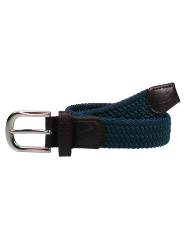 Navy blue braided belt with a silver buckle on a white background