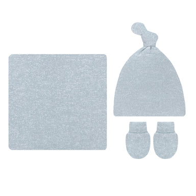 A baby knit gift set in a light blue heathered fabric, including a square blanket, a knotted beanie hat, and a pair of mittens, arranged on a plain white background.