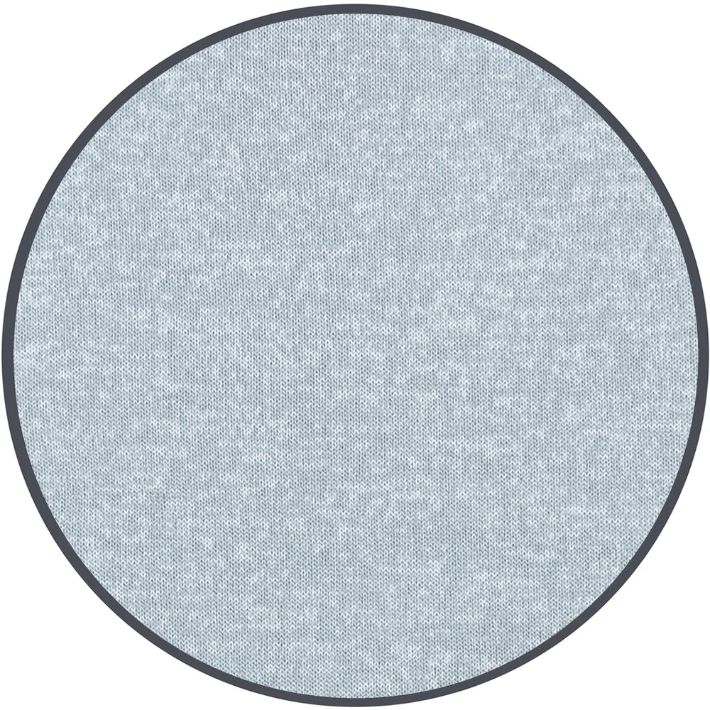 Round gray fabric swatch with a blue textured pattern on a white background