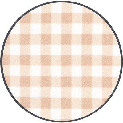 A circular product featuring a classic gingham checkered pattern in soft beige and white, framed by a thin dark gray border.