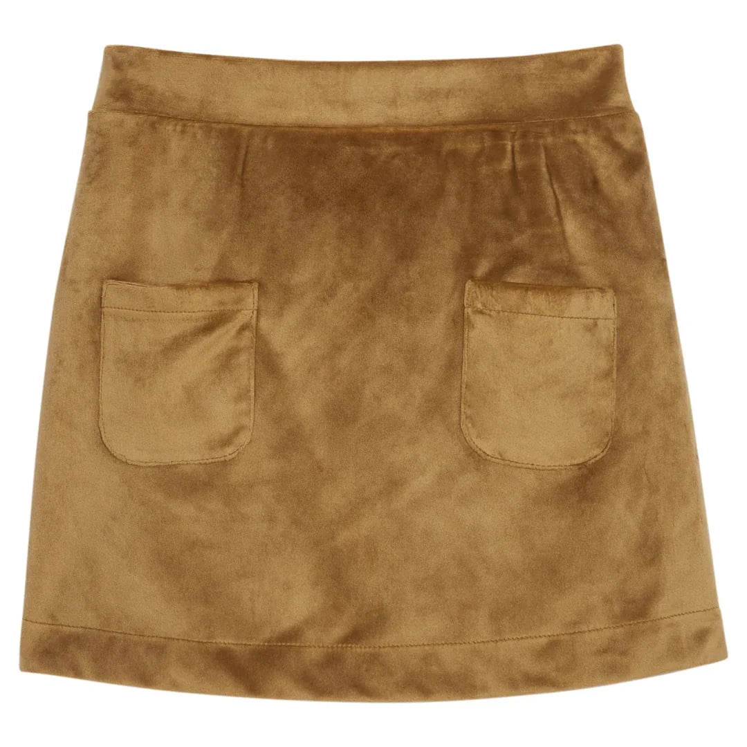 Brown suede skirt with two front pockets on a white background