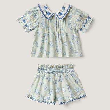 Children's floral top and shorts set on a light gray background