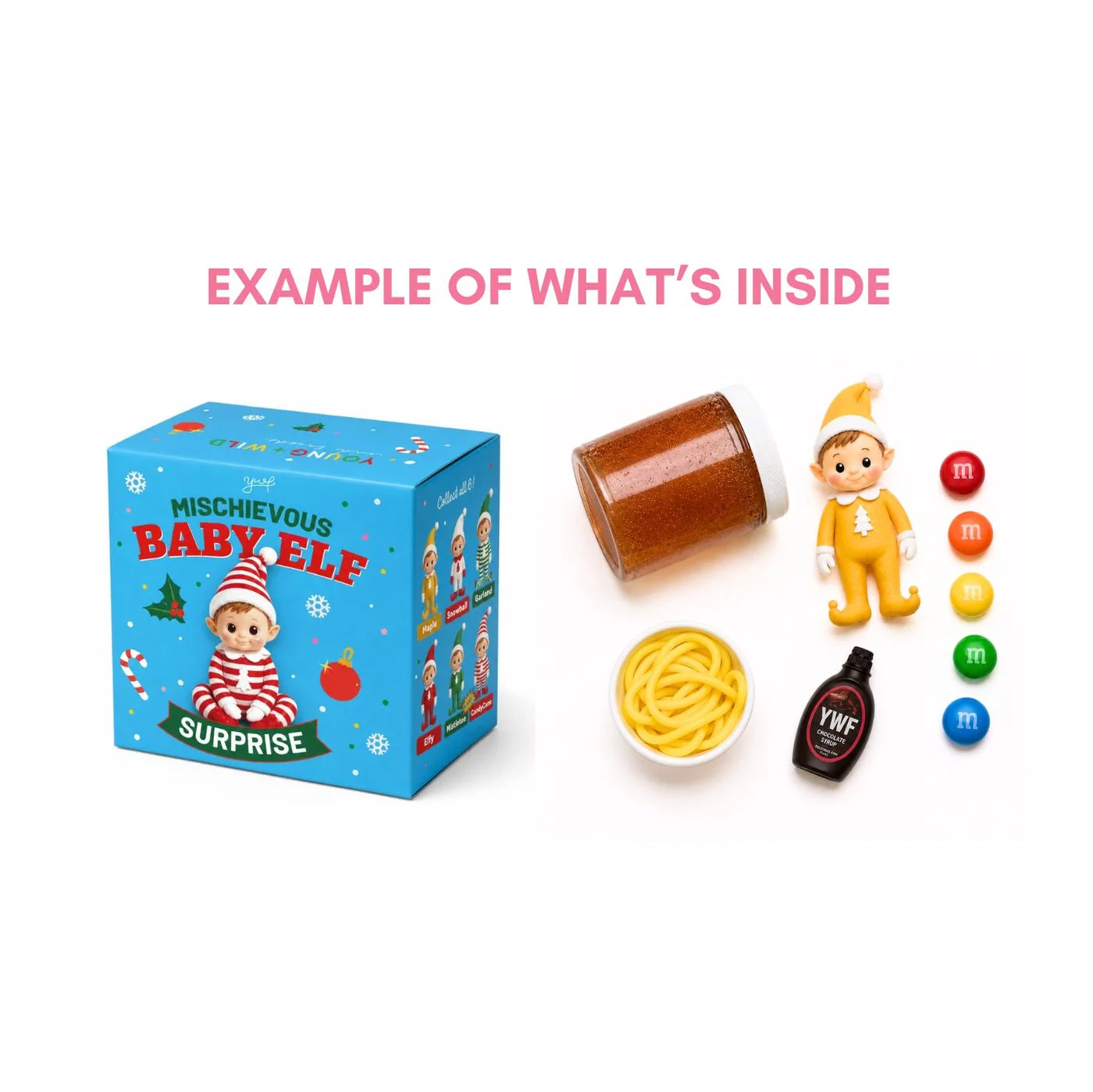 Mischievous Elf Surprise Box example with a blue holiday box collectible baby elf brown sensory slime yellow dough black trinket bottle and colorful beads