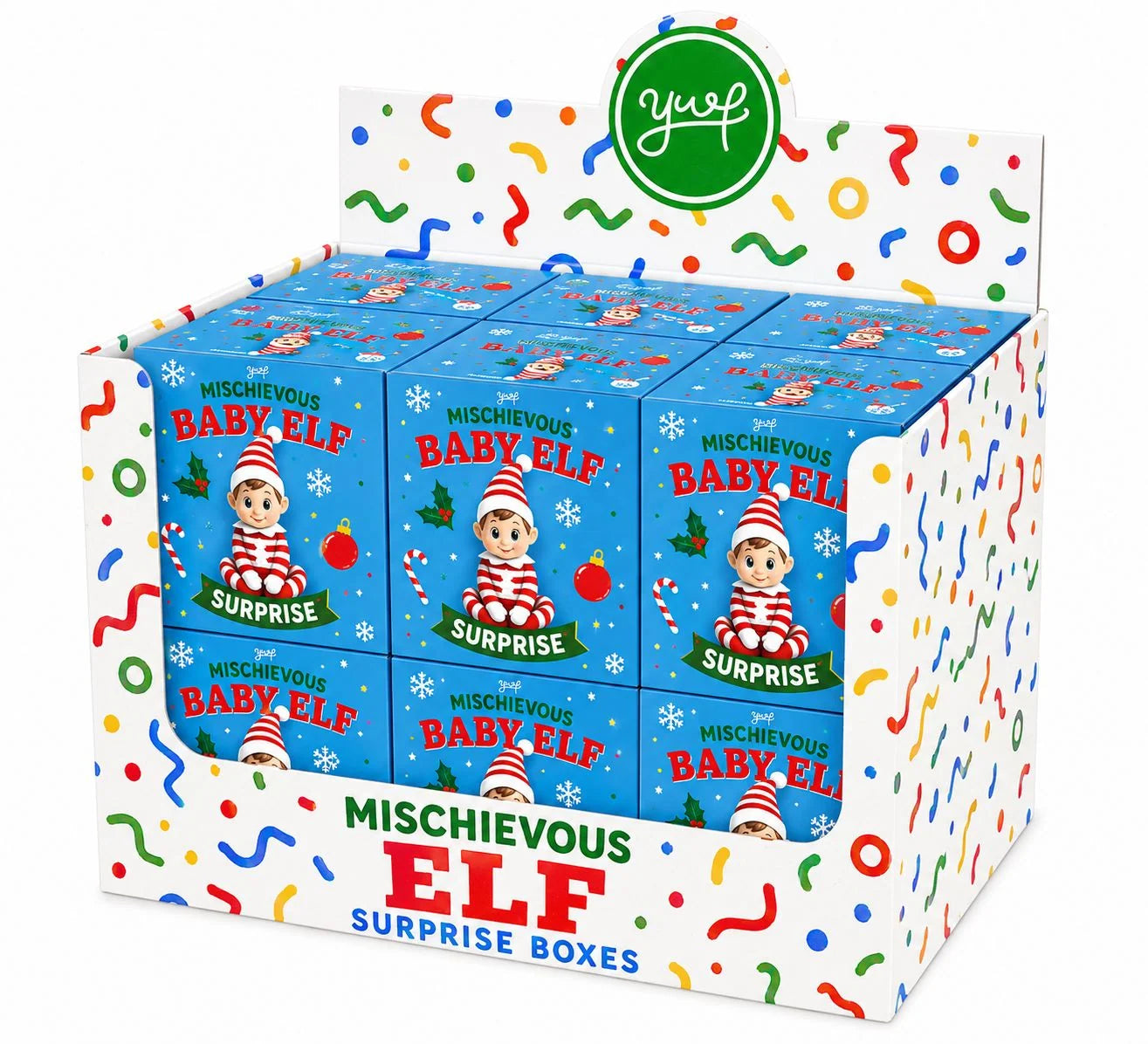Display box of Mischievous Baby Elf surprise boxes with collectible holiday elf figures in red and white outfits on blue packaging from Young Wild and Friedman