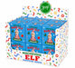 Display box of Mischievous Baby Elf surprise boxes with collectible holiday elf figures in red and white outfits on blue packaging from Young Wild and Friedman